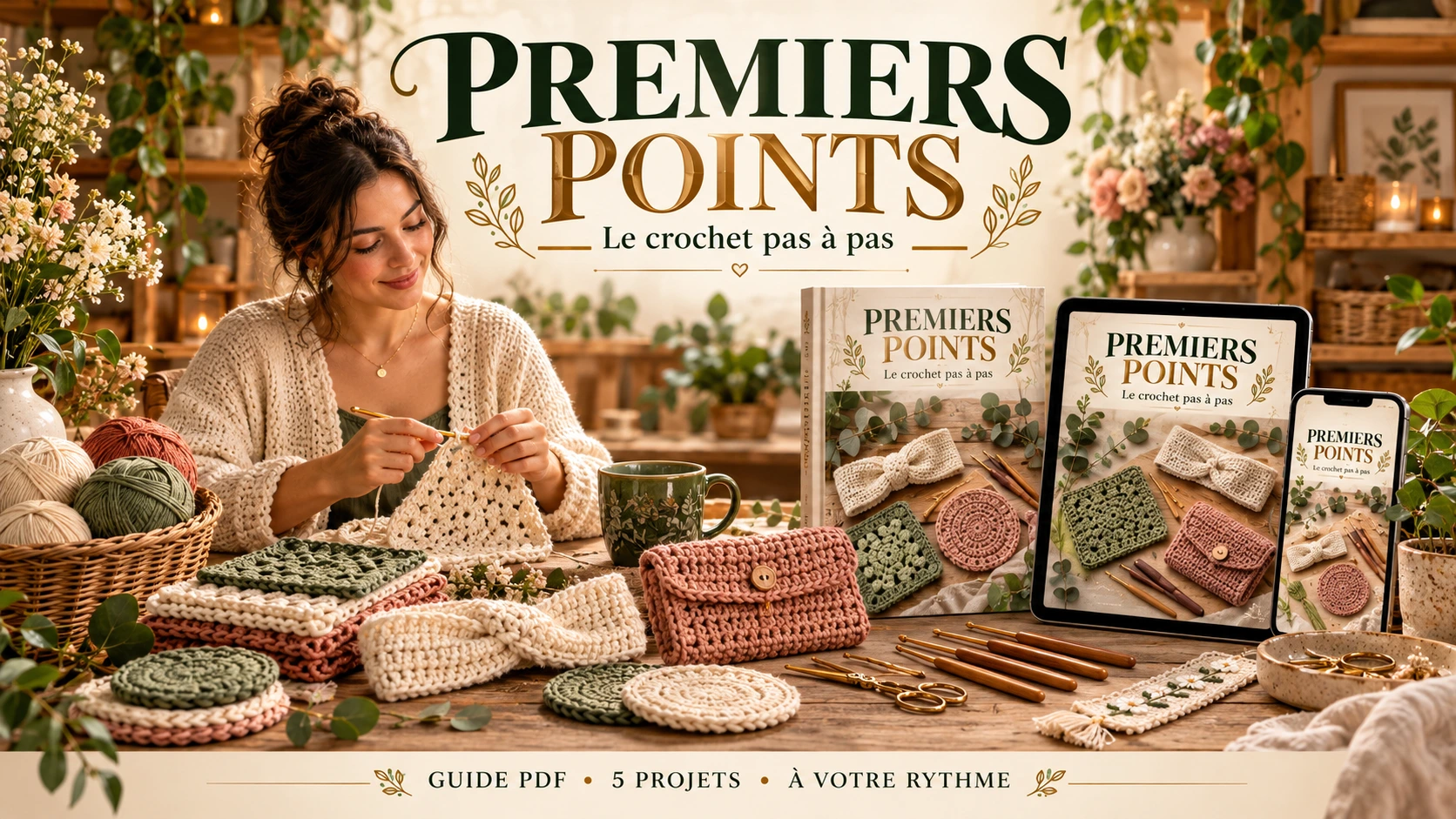 Premiers Points : présentation du guide numérique dans un atelier de crochet, avec des créations et des aperçus sur livre, tablette et téléphone.