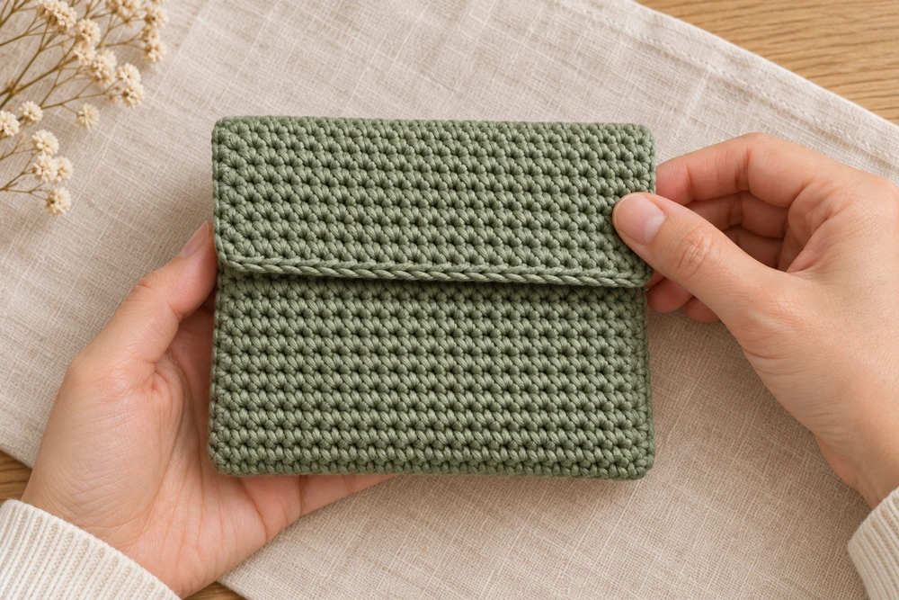 Pochette sauge à rabat libre, sans bouton, présentée dans le PDF